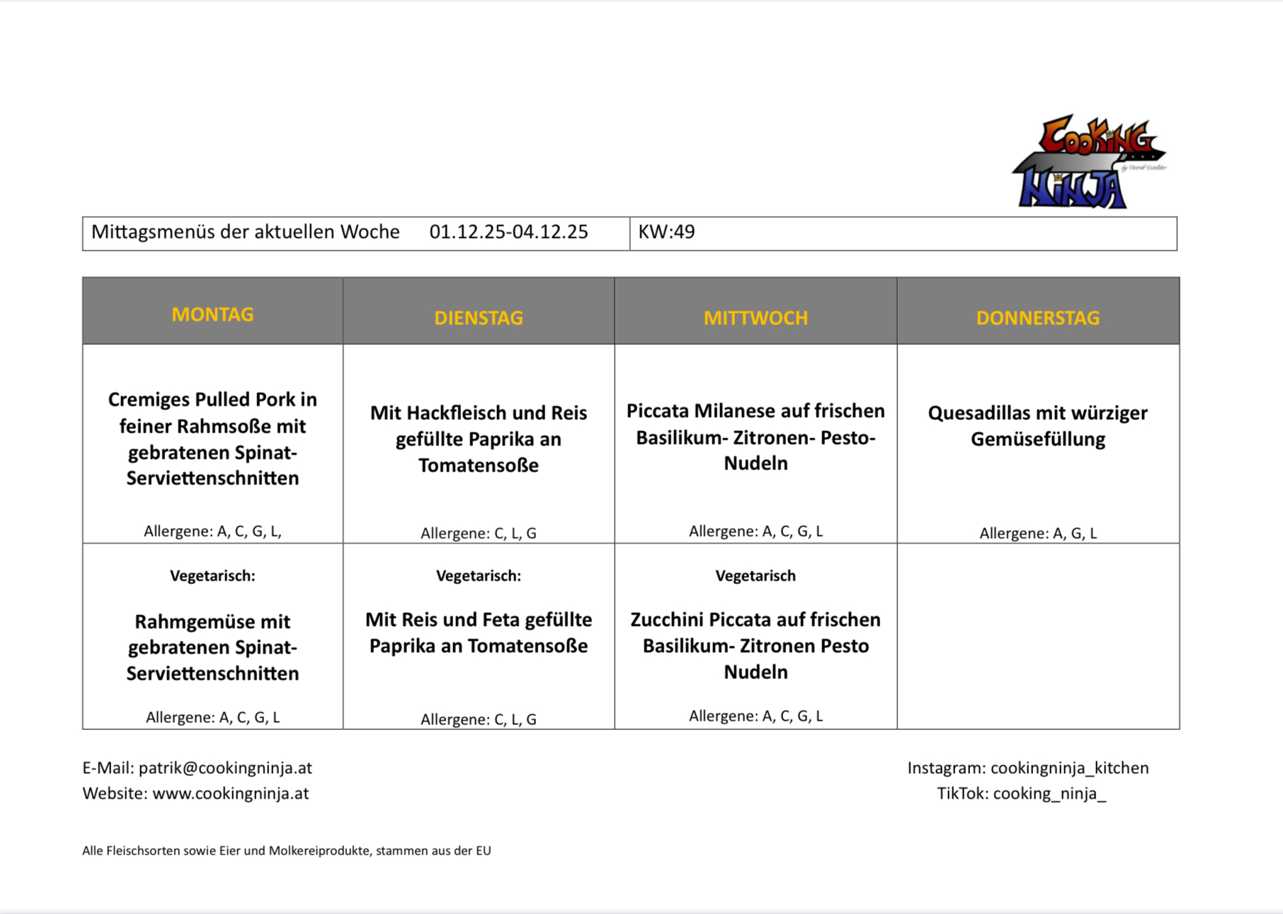 Cooking Ninja Patrik Walder, Mittagsmenü Schulkantine Bezauer Wirtschaftsschulen, Bregenzerwald