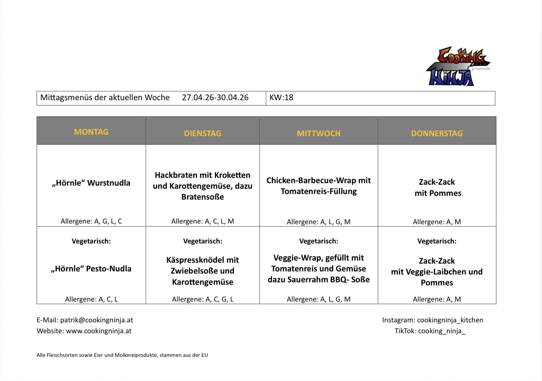 Cooking Ninja Patrik Walder, Mittagsmenü Schulkantine Bezauer Wirtschaftsschulen, Bregenzerwald